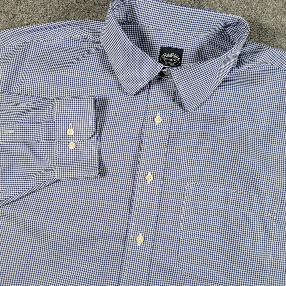 Brooks Brothers Shirt Men XL Blue White Gingham Check Dress Non-Iron Stretch